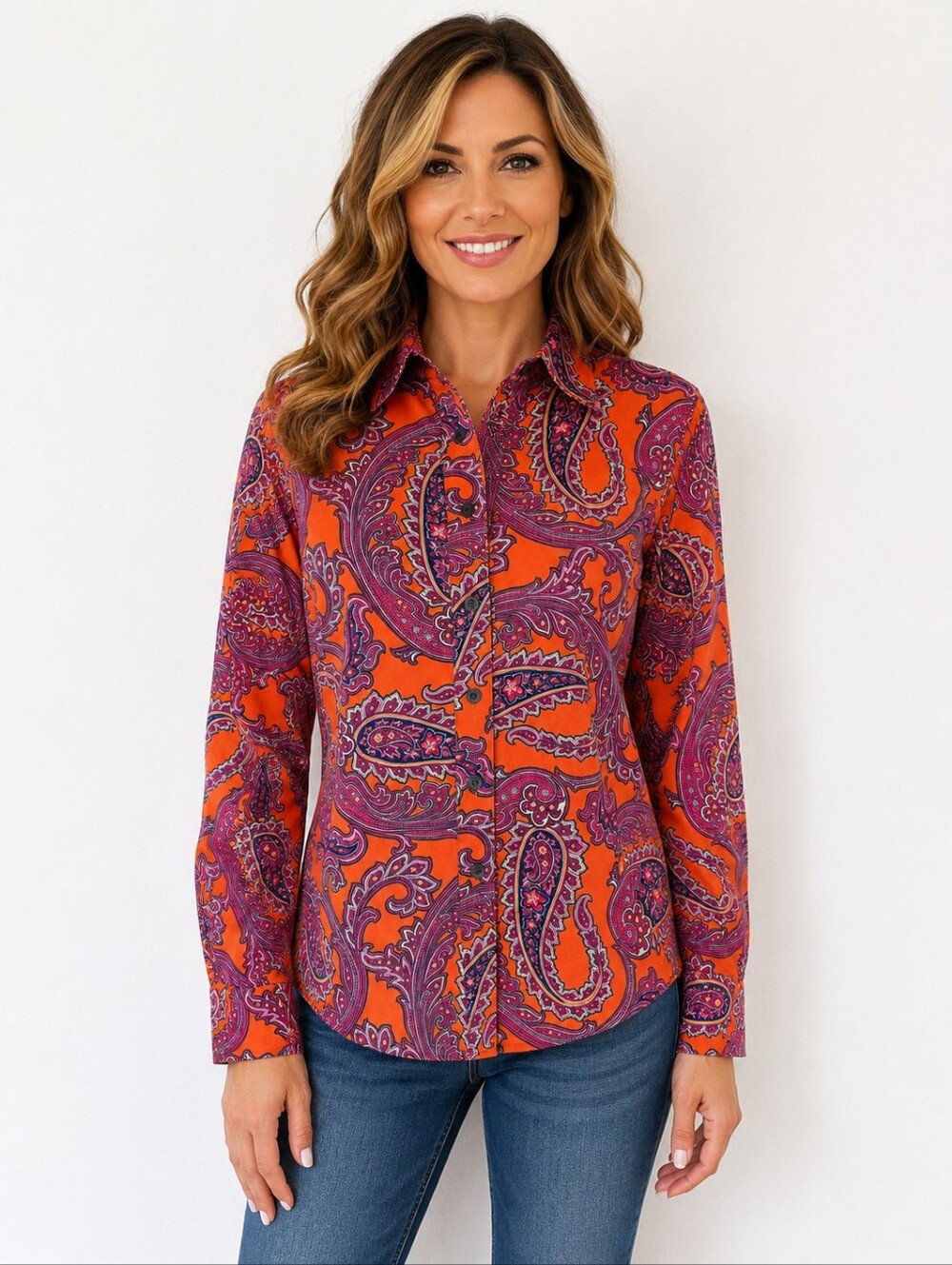 Tommy Hilfiger Paisley Button Front Stretch Shirt Orange Pink Women's Large